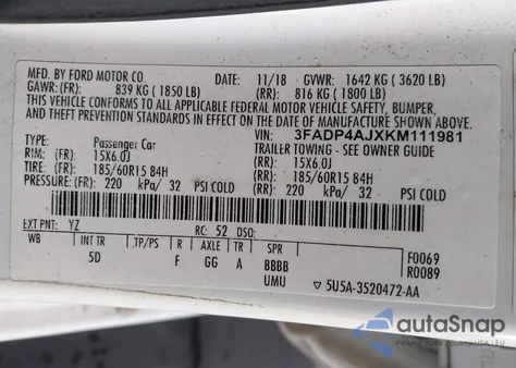 2019 Ford Fiesta S z USA, uszkodzony, nr VIN 3FADP4AJXKM111981